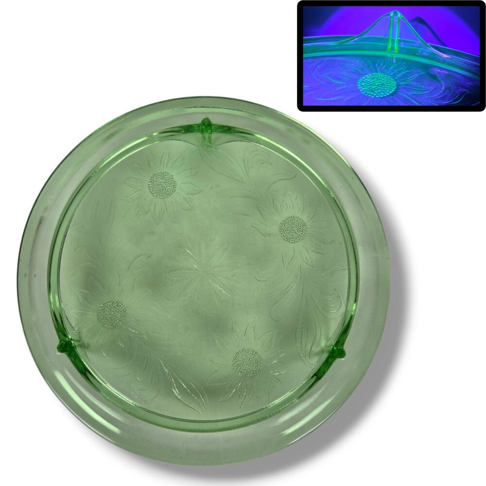 Vintage Uranium Glass Daisy Footed Cake Plate Tray Green Sunflower 10” Jeannette
